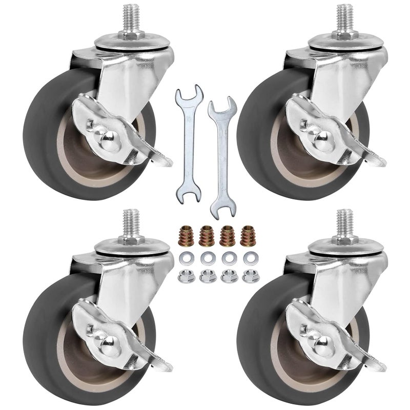 BAISASY Caster Wheels, 3 Inch Stem Casters Set of 4, Heavy Duty Swivel Wheel with Brake, Metric Size M10-1.5-15 (Screw Diameter 10mm, Screw Length 15mm) Casters for Workbench Trolley, Furniture Dolly - Image 1